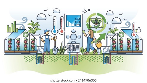 HVAC services for effective greenhouses air flow automation outline concept. Agriculture automation with smart and innovative temperature and humidity control vector illustration. Precise growing.