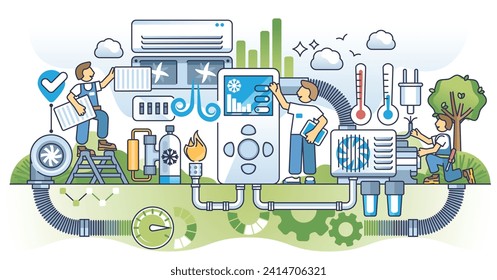 HVAC services maintenance, inspection and installation outline concept. Professional cooling or heating unit with effective temperature control vector illustration. Air flow ventilation diagnostics.