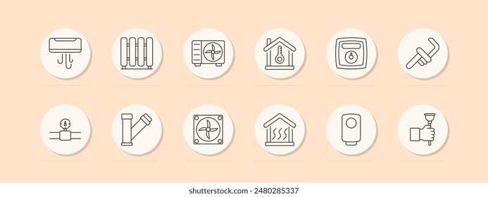 HVAC set icon. Air conditioner, radiator, thermostat, fan, heating system, boiler. Climate control, ventilation, heating concept. Vector line icons on beige background.