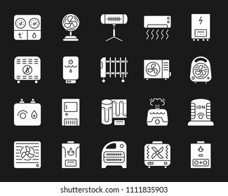 Hvac silhouette icons set. Isolated sign kit of climatic equipment. Fan monochrome pictogram collection includes infrared heater, conditioner, ionizer. Simple white contour symbol. Hvac vector icon