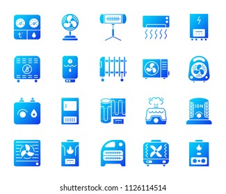 Hvac silhouette icons set. Isolated on white sign kit of climatic equipment. Fan pictogram collection includes blower heating, ionizer, humidifier. Simple contour symbol. Hvac vector icon shape