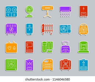 Hvac silhouette sticker icons set. Sign kit of climatic equipment. Fan pictogram collection includes desiccant, purifier, ventilator. Simple hvac vector icon shape for badge, pin, patch and embroidery