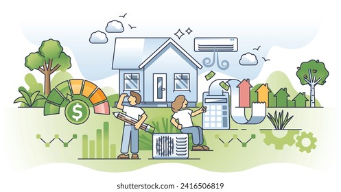 HVAC system cost and effective heating expenses reduction outline concept. Low energy bills and saving money after modern air conditioning or climate control unit installation vector illustration.