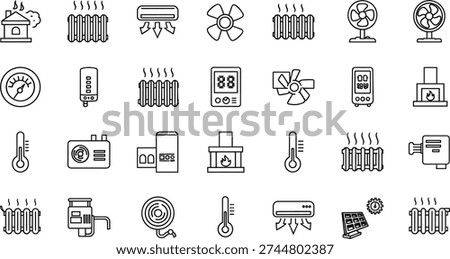HVAC System Line Icons Set Featuring Radiators, Air Conditioning, Thermostats, Heaters, Ventilation Fans, Fireplaces, and Smart Home Temperature Control Energy Solutions