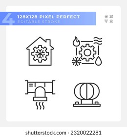 Conjunto de iconos lineales del sistema Hvac. Estado del aire. Refrigeración y calefacción. Equipo de ventilación. Control del clima. Símbolos de línea delgada personalizables. Ilustraciones aisladas del contorno vectorial. Trazo editable