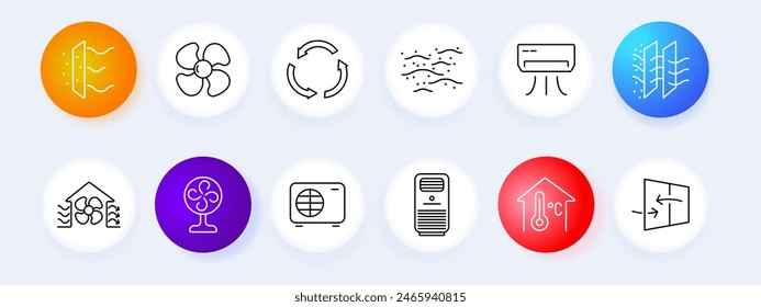 HVAC system set icon. Air filter, fan, air conditioner, ventilation, thermostat, heat exchanger, air purification, airflow. Climate control, home comfort, air quality concept.