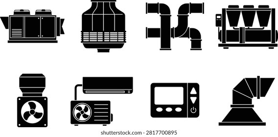 HVAC system silhouettes featuring air handling units, cooling towers, chillers, fans, ducts, and climate control equipment