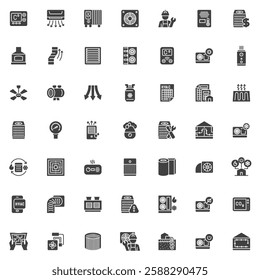 HVAC system vector icons set, modern solid symbol collection, filled style pictogram pack. Signs, logo illustration. Set includes icons as heating, ventilation and air conditioning, HVAC unit, airflow