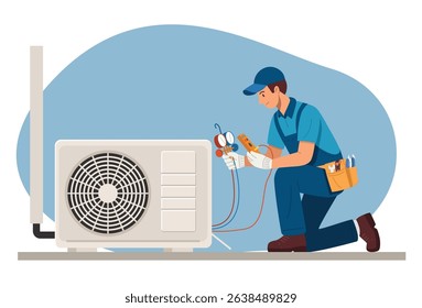an HVAC technician in a blue uniform and cap, kneeling beside an outdoor air conditioning unit.