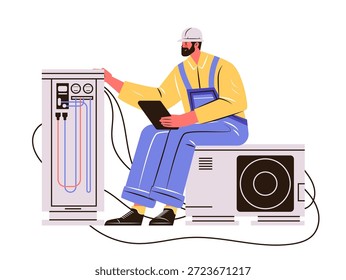 HVAC-Techniker Wartung Mitarbeiter überprüft Klimaanlage Einheit moderne Geräte Werkzeuge flach Stil isoliert weißen Hintergrund