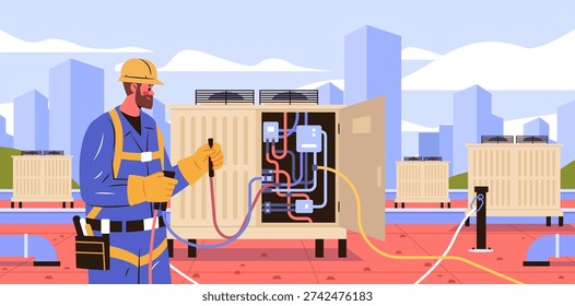 HVAC technician rooftop air conditioning repair maintenance service worker in safety gear checking industrial unit cityscape background
