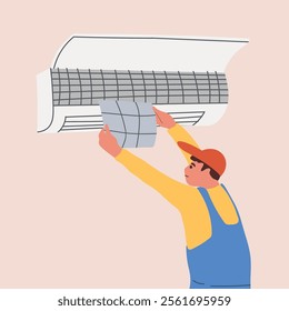 HVAC technician, worker installing, fixing, repairing and maintaining air conditioner. Conditioning unit, professional maintenance, cleaning. Hand drawn vector illustration.