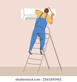 HVAC technician, worker installing, fixing, repairing and maintaining air conditioner. Conditioning unit, professional maintenance, cleaning. Hand drawn vector illustration.