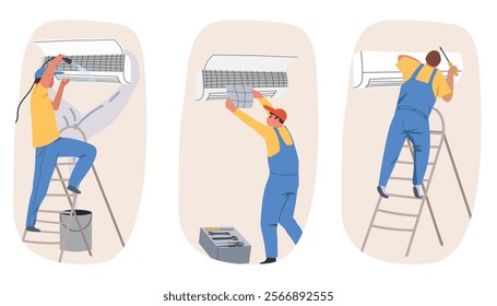 HVAC technician, worker installing, fixing, repairing and maintaining air conditioner. Conditioning unit, professional maintenance, cleaning. Hand drawn vector illustration.