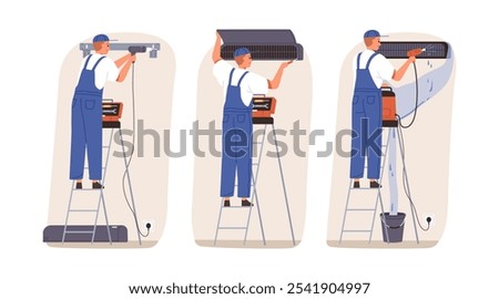 HVAC technician, worker installing, fixing, repairing and maintaining air conditioner. Conditioning unit, professional maintenance, cleaning. Flat vector illustration isolated on white background
