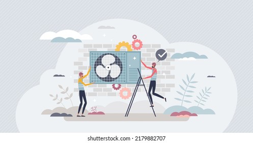 HVAC technicians as heating or conditioning service job tiny person concept. Ventilating fan filter change for clean air or fix technical problem vector illustration. Professional climate unit control