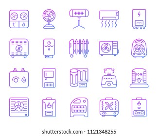 Hvac thin line icons set. Outline vector sign kit of climatic equipment. Fan linear icon collection includes infrared heater, conditioner, ionizer. Violet gradient simple hvac symbol isolated on white