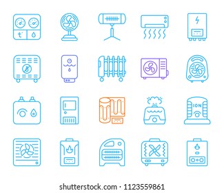 Hvac thin line icons set. Outline sign kit of climatic equipment. Fan linear icon collection includes blower heating, ionizer, humidifier. Simple hvac color contour symbol isolated Vector Illustration
