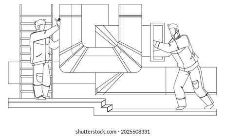 Lüftungsanlagen von Hvac oder Reparatur von Männern schwarze Linie Stift Zeichnung Vektorgrafik. Die Arbeiter kontrollieren die Belüftung, die Rohrleitungen Klimaanlage der Gebäude. Illustration von Boys zur Reparatur oder Prüfung von Rohrleitungen in der Industrie