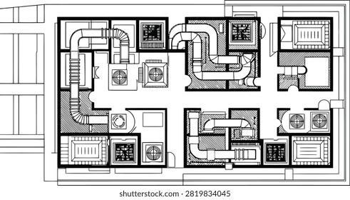 Hvac ventilation system layout on architectural floor plan ductwork
