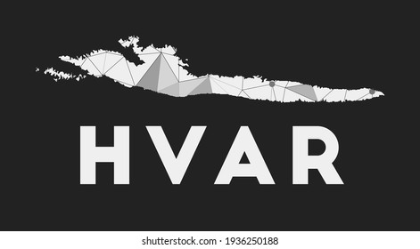 Hvar - mapa de la red de comunicación de la isla. Diseño geométrico de moda de Hvar sobre fondo oscuro. Tecnología, internet, red, concepto de telecomunicaciones. Ilustración vectorial.