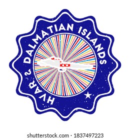 Hvar & Dalmatian Islands round grunge stamp with island map and country flag. Vintage badge with circular text and stars, vector illustration.