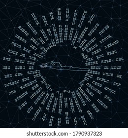 Hvar digital map. Binary rays radiating around glowing island. Internet connections and data exchange design. Vector illustration.