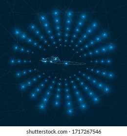 Mapa digital de Hvar. Rayos brillantes irradiando desde la isla. Conexiones de red y diseño de telecomunicaciones. Ilustración vectorial.