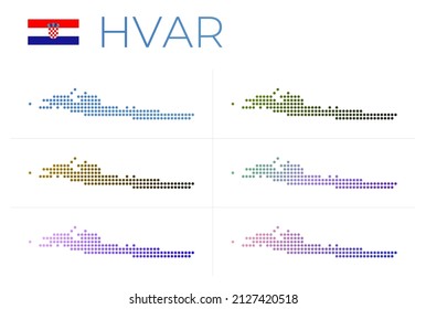 Hvar gepunkteter Kartensatz. Karte von Hvar im gepunkteten Stil. Grenzen der Insel gefüllt mit schönen glatten Gradientenzirkeln. Trendy Vektorgrafik.