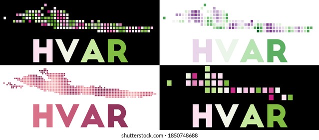 Mapa de Hvar. Colección del mapa de Hvar en estilo punteado. Las fronteras de la isla están llenas de rectángulos para tu diseño. Ilustración vectorial.