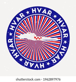 Hvar round stamp. Logo of island with flag. Vintage badge with circular text and stars, vector illustration.