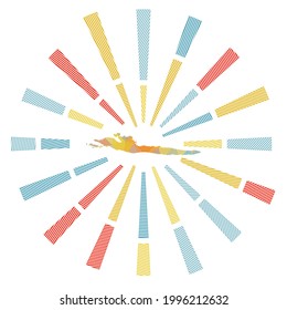 Salto de sol de Hvar. Rayos de rayas bajas y mapa de la isla. Hermosa ilustración vectorial.