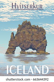 Hvitserkur. Iceland. Troll Rock. Dinosaur Rock. Interesting place in Iceland. Iceland travel poster. Vector illustration.