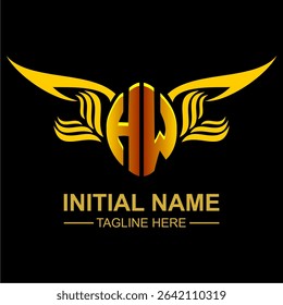HW Golden Wing Emblem Logo with elegant gold wings, sleek and modern design. Ideal for branding, creative projects, luxury businesses, or artistic ventures.