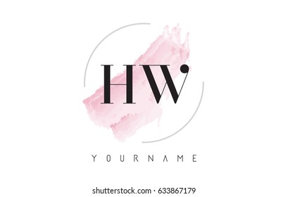 HW H W Watercolor Letter Logo Design with Circular Shape and Pastel Pink Brush.