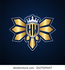 HW initial letters monogram logo for gaming with shield and eagle wing