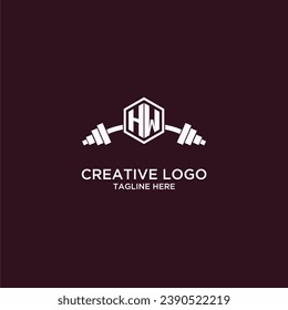 Monograma inicial de HW para fitnes o logotipo de gimnasio con el escudo creativo y el diseño de la parrilla