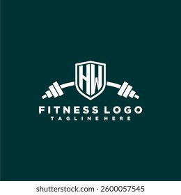 HW initial monogram for fitnes or gym logo with creative shield and barbell design