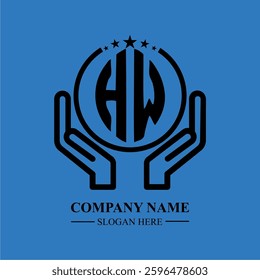 HW initials held within hands, symbolizing trust and protection. The circle represents unity, while stars highlight excellence and ambition.