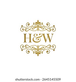 HW initials logo ornament gold. Letter HW wedding ampersand or business partner symbol