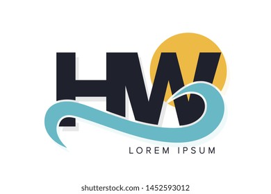 HW letter logo with ocean waves and sunset. Beach concept design