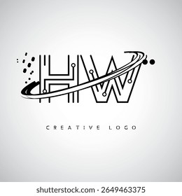 HW Orbit Monogram Logo - Futuristic Minimal Letter mark with Circular Line Art, Tech-Inspired Dots and Space Motion Concept for Modern Branding Identity (Logotipo de Monograma de Órbita HW - Marca de Letra Mínima Futurista com Linha de Arte Circular, Pontos Inspirados na Tecnologia e Conceito de Movimento Espacial para Identidade de Marca Moderna)
