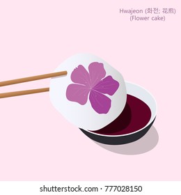 Hwajeon (kkot-bukkumi or flower cake), small Korean pan-fried rice cake made out of glutinous rice flour, honey and edible petals from rhododendron. Hold by chopsticks, dipped into sause punch. Vector