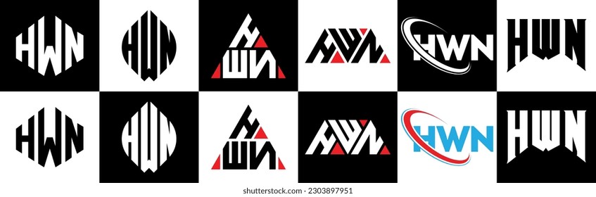 HWN letter logo design in six style. HWN polygon, circle, triangle, hexagon, flat and simple style with black and white color variation letter logo set in one artboard. HWN minimalist and classic logo