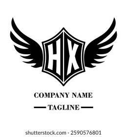 HX bold shield logo with wings, customizable with letters A to Z. Perfect for brands seeking a powerful symbol of strength, freedom, and ambition