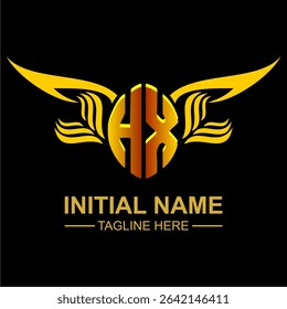 HX Golden Wing Emblem Logo with elegant gold wings, sleek and modern design. Ideal for branding, creative projects, luxury businesses, or artistic ventures.