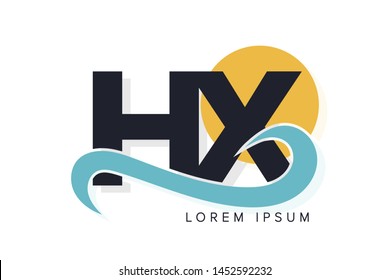 HX letter logo with ocean waves and sunset. Beach concept design