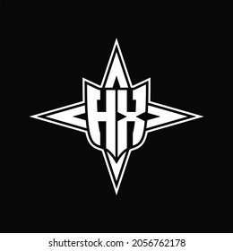 Monograma del logotipo HX con una plantilla de diseño de cuatro flechas de dirección sobre fondo negro
