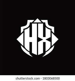 HX logo monogram with shield line and 3 arrows shape design template on black background