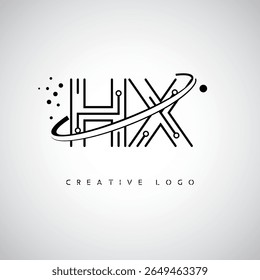 Logotipo de Monograma de Órbita HX - Marca de Letra Mínima Futurista com Linha de Arte Circular, Pontos Inspirados na Tecnologia e Conceito de Movimento Espacial para Identidade de Marca Moderna